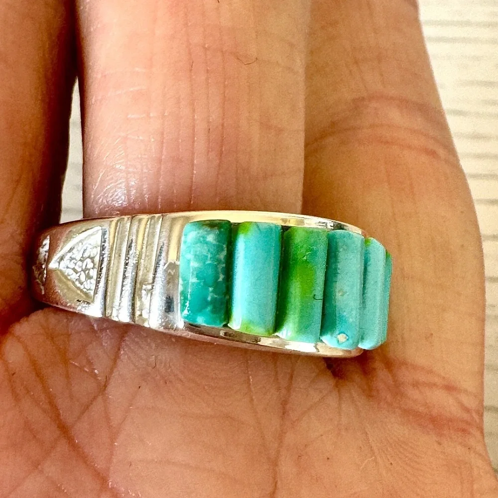 Navajo Turquoise Wedding Band Mens Ring Sz 11 10mm Signed Rick T Corn Inlay